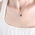 Silver square pendant necklace with black stone and twisted edge on knit sweater - Steel Black Glass Necklace-40+5cm