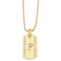 Detailed macro view of gold plated pendant with woven texture, white zircon stones, and letter P - Letter P