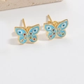 Golden butterfly stud earrings with blue enamel and colorful evil eye stones - Blue Butterfly