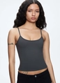 Detail view of charcoal grey slim-fit tank top with thin straps and elastic fabric texture - Dark Gray