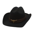 Chapeau de cowboy noir classique avec bande en cuir marron et ornement de tête de taureau - Taille unique / Bande Décorative Tête de Taureau Dorée / Noir