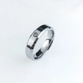 Macro view of polished stainless steel ring band with central sparkling crystal stone - US 6 / 5MM Silver Double Beveled Inlaid