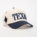 Close-up of Texas embroidery and map outline on two-tone cotton twill baseball cap - Adjustable / Cream/Navy Blue