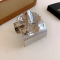 Silver open bangle featuring a minimalist textured metal flower and vertical ridges - 56# Pleated Texture Floral Style / Silver