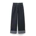 Vaqueros azul oscuro de cintura alta y pata ancha con dobladillos anchos tipo retro - Pantalones vaqueros