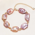 Baroque lavender freshwater pearl bracelet with gold beads and heart pendant on silk - Purple