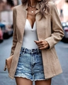 Detailed herringbone texture on khaki mid-length blazer with a chic open-front design - S / Khaki