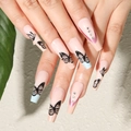 Uñas postizas con motivos de mariposa y pedrería brillante en forma larga de bailarina - Uñas Postizas de Mariposa (Tipo Pegamento de Gelatina)