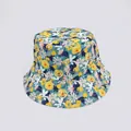 Top view of floral bucket hat featuring yellow flower patterns on a teal canvas surface - M (56-58cm) / Yellow White Dark Blue Floral (7#)