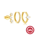S925 sterling silver 3-piece earring set in gold with sparkling white cubic zirconia - Curved Three-stone Stud Style-Gold (#5 Gold)