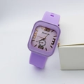 Detail view of square lavender quartz watch with soft silicone strap and rose gold markers - Purple Arabic Numerals