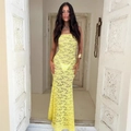 Elegante abito lungo senza spalline in pizzo giallo con rete floreale e vestibilità - S / Giallo