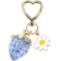 Detail of blue crystal strawberry keychain with white daisy charm and golden heart clasp - Blue 2