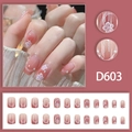 Pink press-on nails set with white cherry blossom patterns and small 3D pearl accents - Cherry Blossom Pearl Pink Gradient Style (D603) / Glue