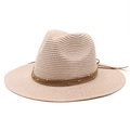 Detail of woven straw fedora hat featuring triple brown cords and gold bead accents - Light Pink