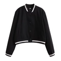 Detail of black baseball jacket showing ribbed collar, white stripes and button closure - S / Black