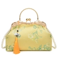 Sac brodé vintage en soie jaune avec poignée dorée et bandoulière en perles blanches - Doré