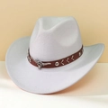 Classic white felt cowboy hat featuring a brown faux leather band and silver bull emblem - M (56-58cm) / White (Khaki Bull Head Band)