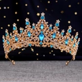 Golden bridal crown with blue crystals and white rhinestones on star background - Gold Lake Blue Crystal