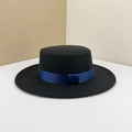 Elegant black flat-top boater hat with a navy grosgrain ribbon and a bow detail - M (56-58cm) / Black (Navy Ribbon)