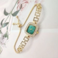 Elegant square green face gold watch with diamond accents and adjustable bracelet strap - Gold Color Green