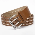 Brown leather punk belt featuring silver star studs and double prong metal buckle - 107cm / Camel
