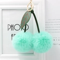 Plush faux rabbit fur mint green cherry keychain with dark green leather leaves - Fresh Green