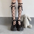 Lace-up JK fishnet stockings with black bows and Mary Jane platform shoes - Large Mesh Hollow Bow / Black