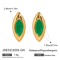Vintage stainless steel olive-shaped stud earrings in gold with green agate stone - Gold/Green
