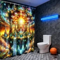 Detail view of fantasy castle and nebula printed on waterproof polyester shower curtain - 90x180cm / Starry Universe B