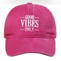 Detail of embroidered 'GOOD VIBES ONLY' slogan on a vintage washed rose red baseball cap - One Size / Rose Red