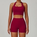 Two-piece deep red yoga set featuring a halter sports bra and high-waist seamless shorts - S / Rose Red