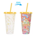Reusable color changing cold cup with straw showing yellow lid and abstract pattern - 701-800ml / Psychedelic Pattern (Yellow)