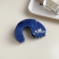 Blue denim pattern acetate claw clip with sparkling rhinestone and silver H initial - Dark Denim Arc Claw