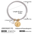 18K gold plated stainless steel bangle with angel coin relief and white bead pendant - Silver Angel Coin Pearl Bangle (JDB0306067-PS)