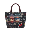 Winter owl pattern brocade tote bag with navy blue fabric and ethnic woven straps - Couple Owl