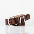 Women's faux snakeskin belt featuring a stylish silver double ring buckle in brown - 105cmx3cm / Snake Print Camel