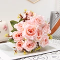 European style faux honey rose bouquet in pink with green leaves for home decor - Pink