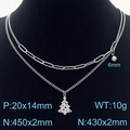 Double-layered stainless steel necklace featuring a Christmas tree and 6mm bead pendant - Silver Double Layer Christmas Tree Necklace (KN232669-Z)
