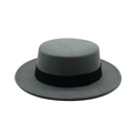 Flat top gray felt boater hat with a wide black ribbon band for women and men - 57cm / Grey Ribbon