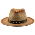 Close-up of woven straw fedora hat featuring a leather band with golden rivets - M (56-58cm) / Gradient Coffee (06)