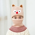 Khaki knitted kids cartoon fox hat with integrated neck warmer and ear flaps - One Size / Fox Beige