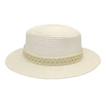 Detail of flat top straw hat with triple row pearl band decoration for women - M (56-58cm) / Pure White