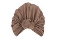 Detailed view of coffee brown stretch cotton turban hat with front ball knot design - Khaki