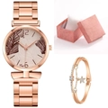 Rose gold quartz watch for women with palm leaf dial pattern and matching star bracelet set - Brown + Bracelet + Box