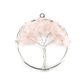 Macro detail of Tree of Life pendant with pink crystal leaves and woven metal wire - 3cm / Silver + Rose Quartz