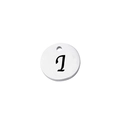 Detailed close-up of a polished stainless steel round tag with letter J engraving - Letter I