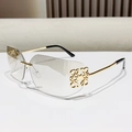 Fashionable rimless square sunglasses with grey gradient lenses and gold metal temples - Gold Frame Gradient Tea Lens