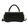 Elegant black matte leather handbag with curved base and golden FASHION lettering - Black