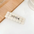 Elegant Korean style large pearl hair clip in milky white finish with silver metal base - Square Flower